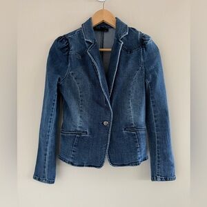 INC Women’s Small Denim Puff Sleeve Classic Blazer Modern Stretch Jean Jacket